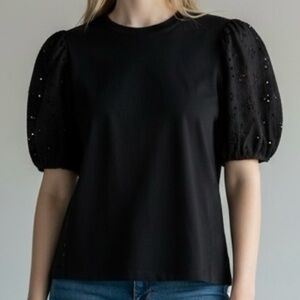 Old Navy Puff Sleeve Eyelet Top XL Black Short Sleeve Blouse